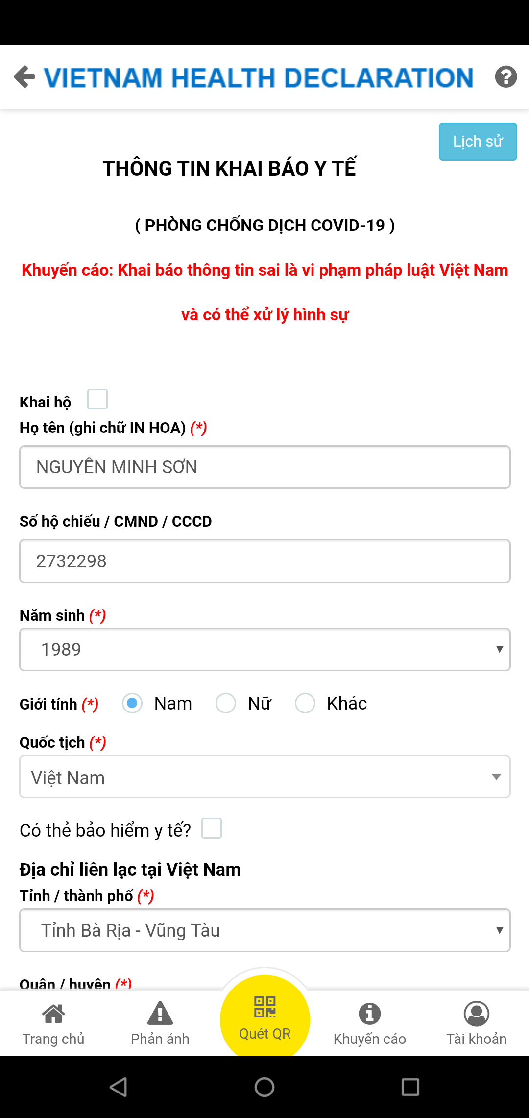 ứng dụng khai báo y tế